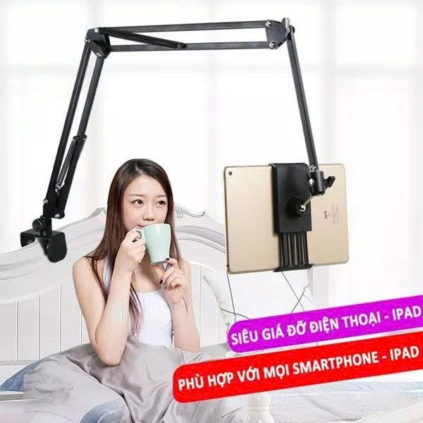 Giá đỡ ipad, điện thoại kẹp đầu giường, cạnh bàn thân kim loại xoay cơ học 360 độ cao cấp quay video, xem phim chắc chắn