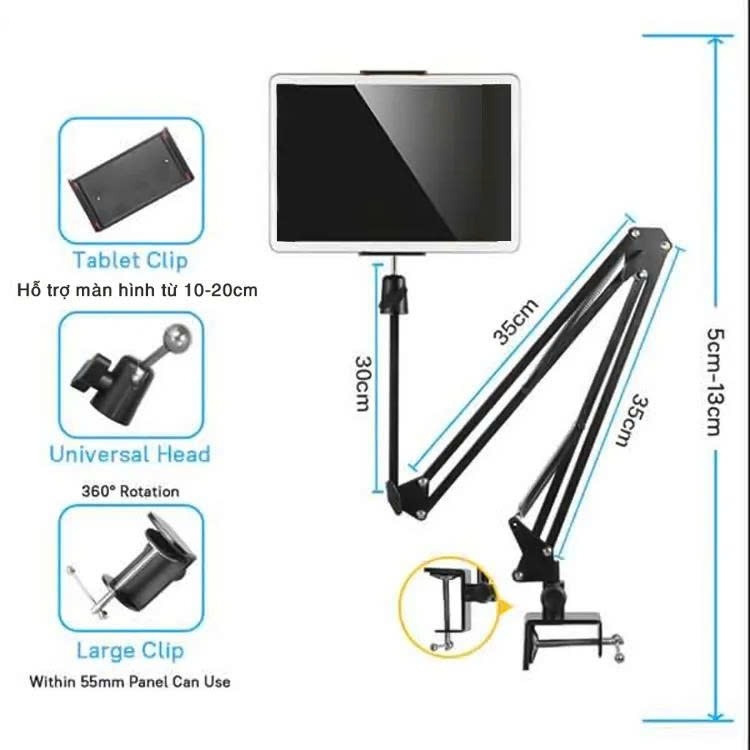 Giá đỡ ipad, điện thoại kẹp đầu giường, cạnh bàn thân kim loại xoay cơ học 360 độ cao cấp quay video, xem phim chắc chắn