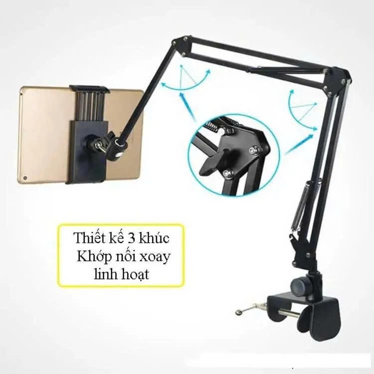 Giá đỡ ipad, điện thoại kẹp đầu giường, cạnh bàn thân kim loại xoay cơ học 360 độ cao cấp quay video, xem phim chắc chắn