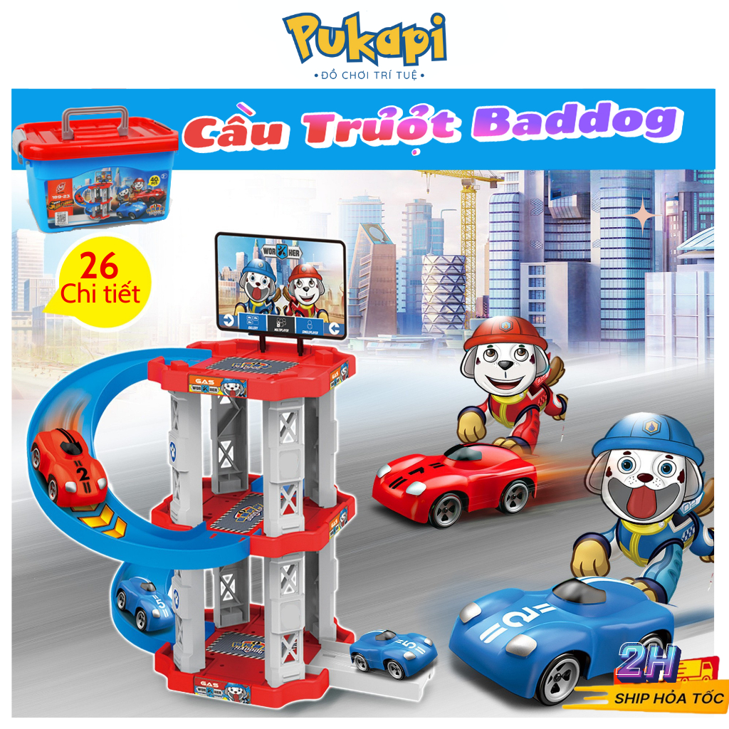 Đồ Chơi Lắp Ráp Mô Hình Nhà Để Xe Cầu Trượt Thông Minh Bộ Xe Ô Tô Và Bãi Đỗ Xe Mini Chú Chó Cứu Hộ-Đồ Chơi Cho Bé PUKAPI