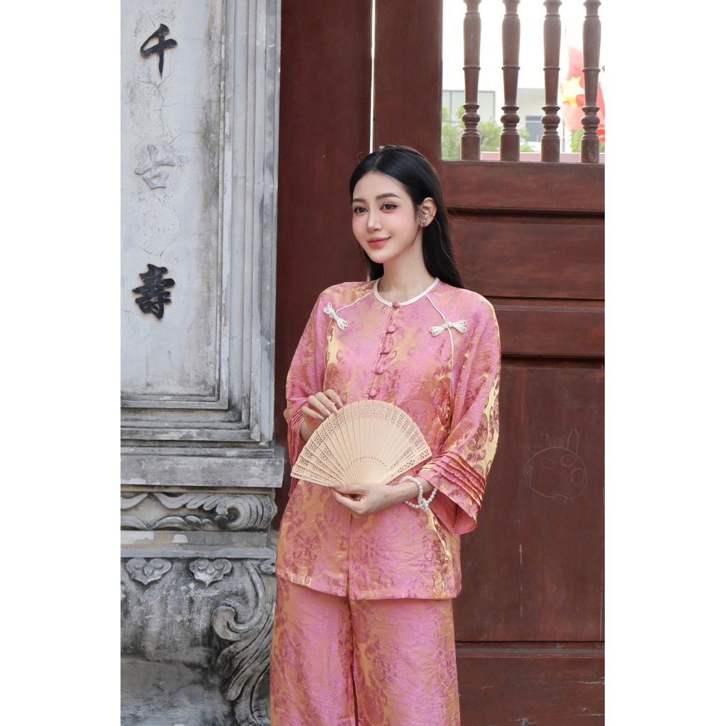 Bộ Pháp Phục Đi Chùa Vải Tằm Ánh Kim Thiết Kế Khuy Bọc Phối Nơ Ngọc