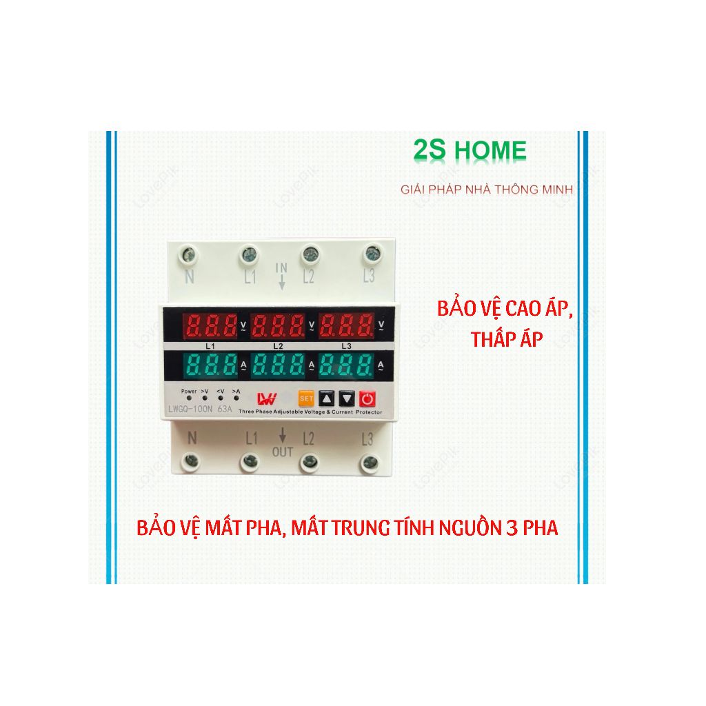 Bộ chống mất pha, mất trung tính, chống cao áp thấp áp cho điện 3 pha công suất 63A, 100A LW