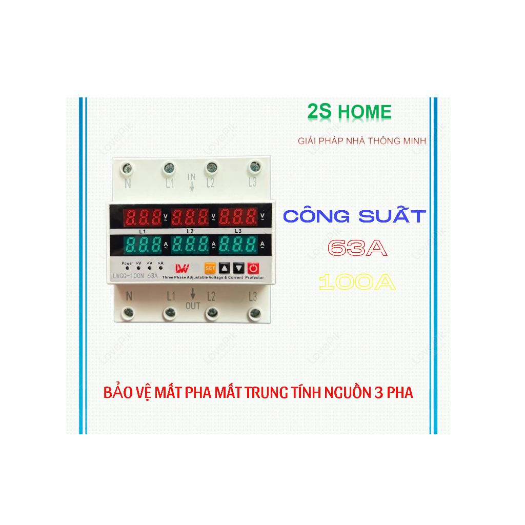 Bộ chống mất pha, mất trung tính, chống cao áp thấp áp cho điện 3 pha công suất 63A, 100A LW
