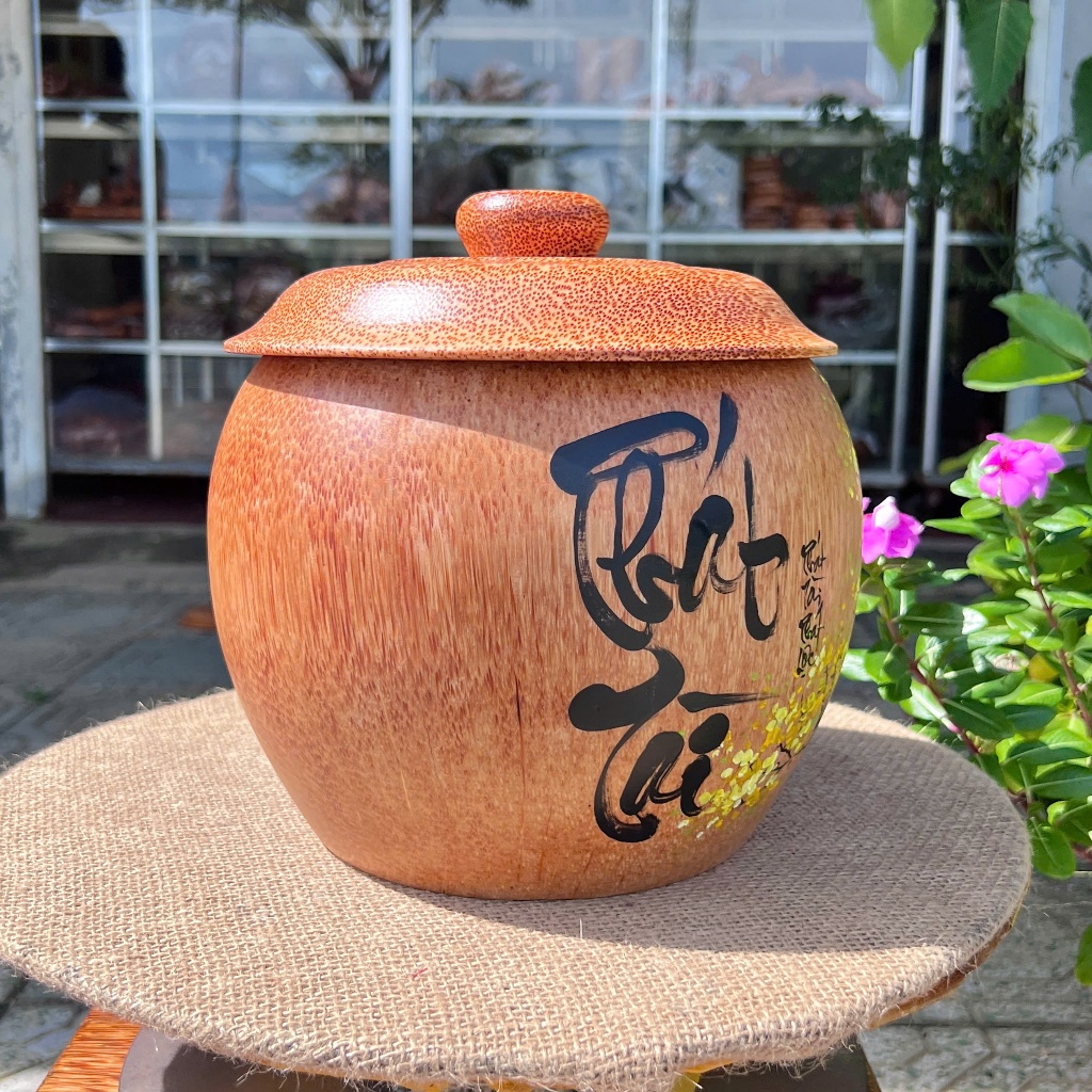 [TẶNG ẤM 1200ML] Bình Ủ Ấm Trà Gỗ Dừa Vẽ Thư Pháp Mẫu PHÁT TÀI MAI Giữ Nhiệt Cao Cấp, Trang Trí Decor & Quà Tặng Sang