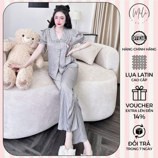 Đồ Bộ Pijama Nữ Tay Ngắn Phối Cổ Bèo Viền Bèo MiLi – Áo Tay Ngắn, Quần Dài Có Túi, Lụa Latin Cao Cấp