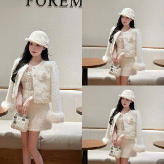 MIMI CLOTHING -Combo Áo Khoác Dạ Lông Tuyết Trắng Và Chân Váy - Set Đồ Tiểu Thư Pháp Sang Trọng