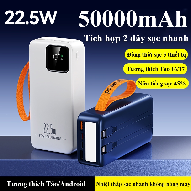 Sạc dự phòng 50000mAh Sạc Nhanh 22.5W Có Đèn Pin Chiếu Sáng Tích Hợp 2 Dây Type C/LN Màn Hình Led