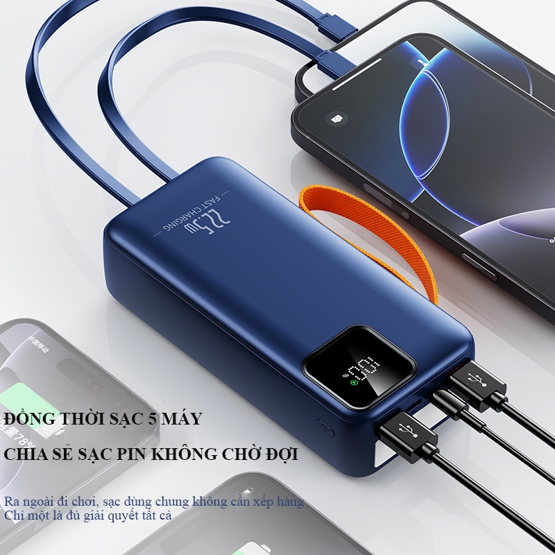 Sạc dự phòng 50000mAh Sạc Nhanh 22.5W Có Đèn Pin Chiếu Sáng Tích Hợp 2 Dây Type C/LN Màn Hình Led