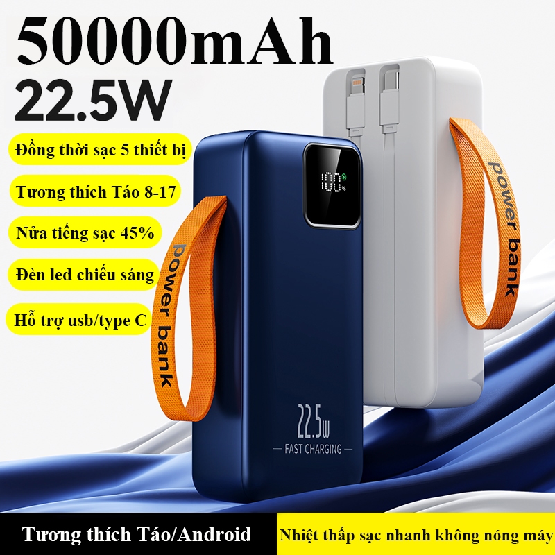 Sạc dự phòng 50000mAh Sạc Nhanh 22.5W Có Đèn Pin Chiếu Sáng Tích Hợp 2 Dây Type C/LN Màn Hình Led