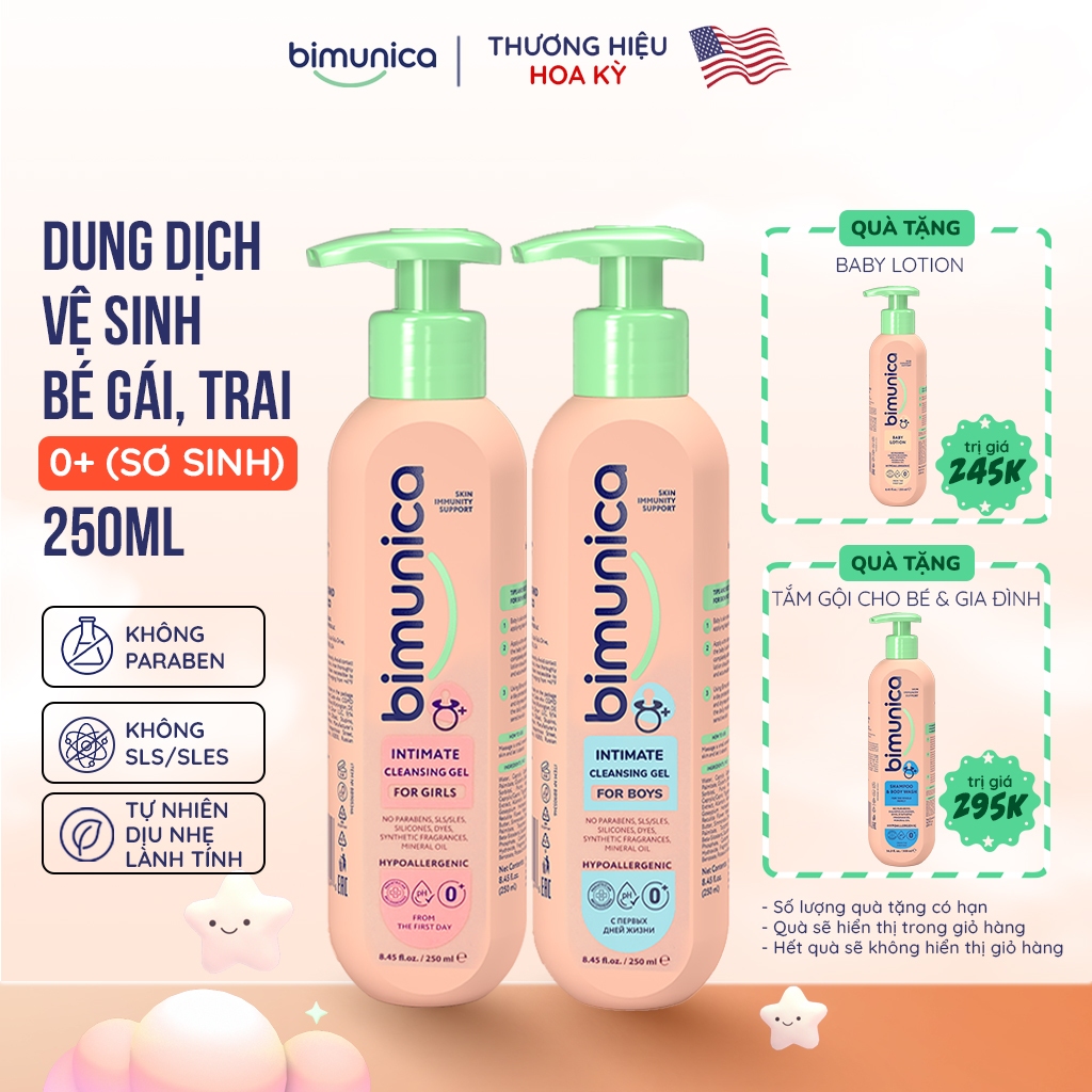 Dung Dịch Vệ Sinh Vùng Kín Và Mông Bé Bimunica - Cho Bé Gái/Trai Từ 0 Tháng Tuổi, Dịu Nhẹ