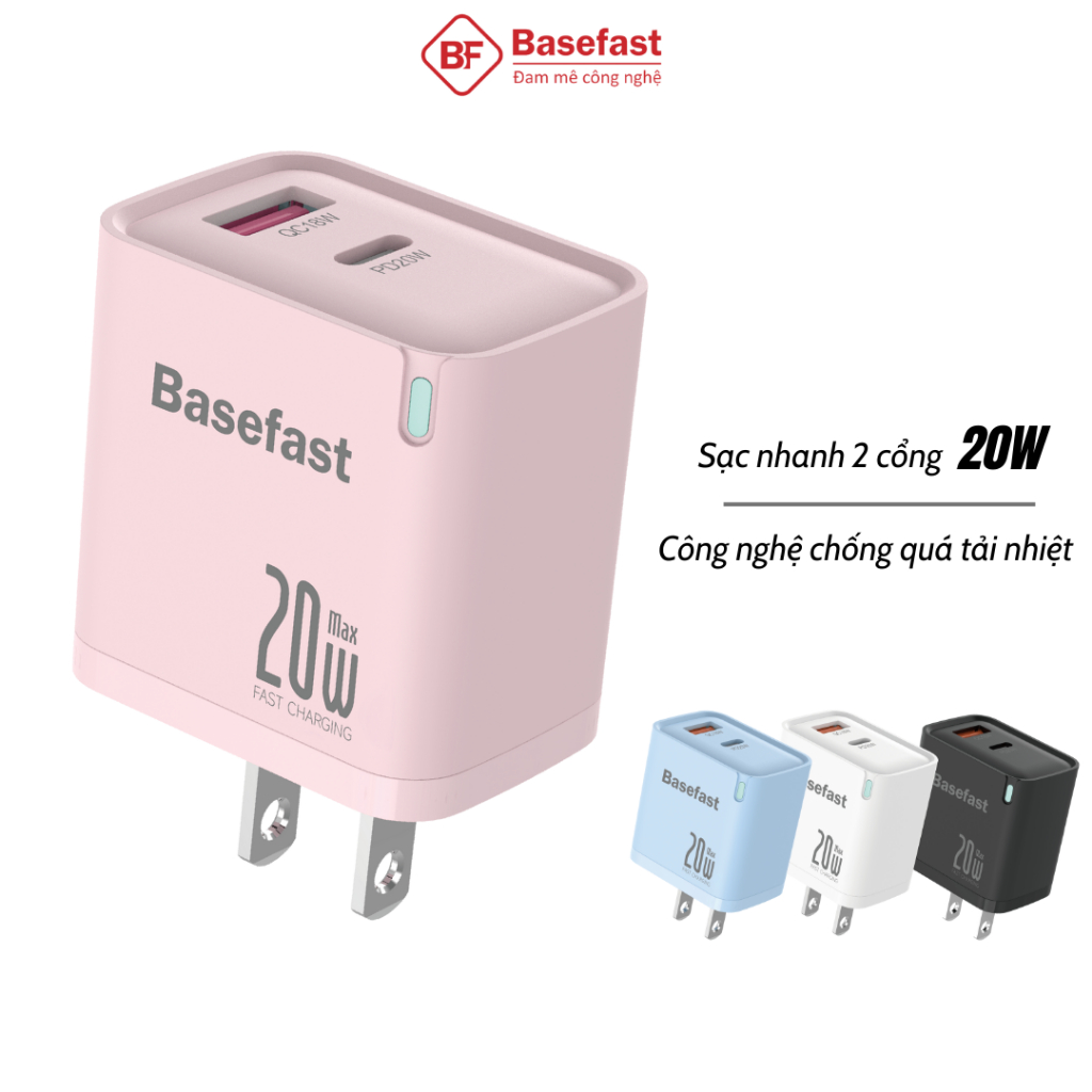 Củ sạc nhanh 20W 2 cổng Basefast B24 công nghệ chống quá tải nhiệt dùng cho ip samsung xiaomi oppo