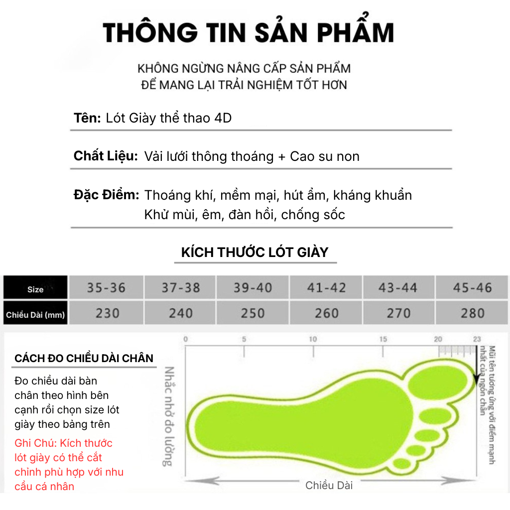 Lót giày thể thao 4D, Miếng lót giày cao su non, Miếng đế lót giày cao cấp êm đàn hồi thoáng khí chống sốc - ảnh 9