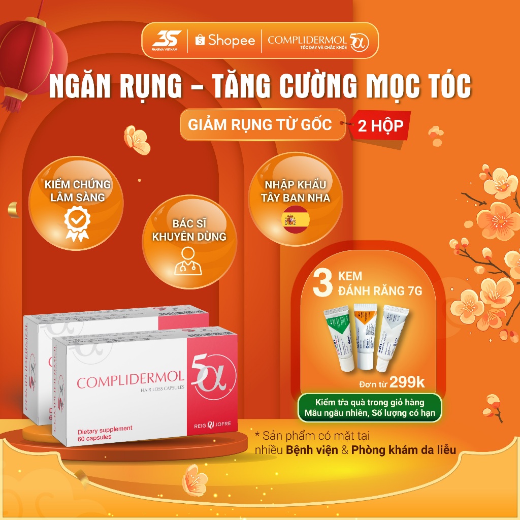 [SALE DATE NGẮN - 2 HỘP] Viên Uống Mọc Tóc Complidermol 5α  -  Ngăn rụng tóc nội tiết, mọc tóc  - Hộp 60 Viên