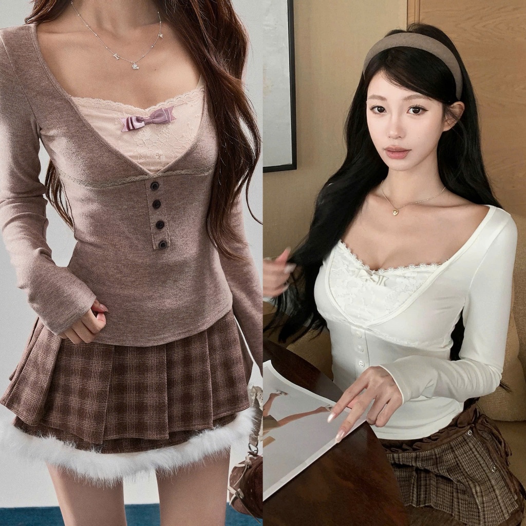 (sẵn)Áo dài tay mỏng nơ ngực phối ren khuy nữ tính dáng ôm body chất cotton ATDT065 - Tiktik