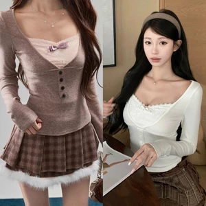 Áo dài tay mỏng nơ ngực phối ren khuy nữ tính dáng ôm body chất cotton ATDT065 - Tiktik