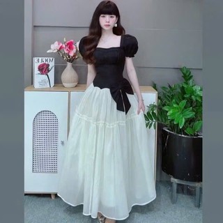Đầm thời trang Nữ chất rubi tay phồng cổ vuông xếp ly ngực đính nơ eo bảng to duyên dáng phối tùng váy tơ xòe rộng