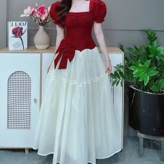 Đầm thời trang Nữ chất rubi tay phồng cổ vuông xếp ly ngực đính nơ eo bảng to duyên dáng phối tùng váy tơ xòe rộng