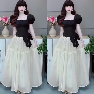 Đầm thời trang Nữ chất rubi tay phồng cổ vuông xếp ly ngực đính nơ eo bảng to duyên dáng phối tùng váy tơ xòe rộng