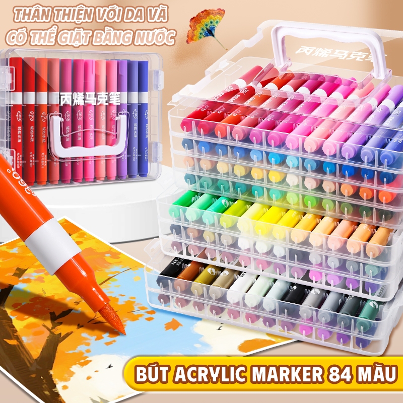 Bút Màu Acrylic Marker Ngòi Brush 60/72/84 Màu - Bút Lông Màu DIY Trên Nhiều Bề Mặt Kèm Hộp Đựng