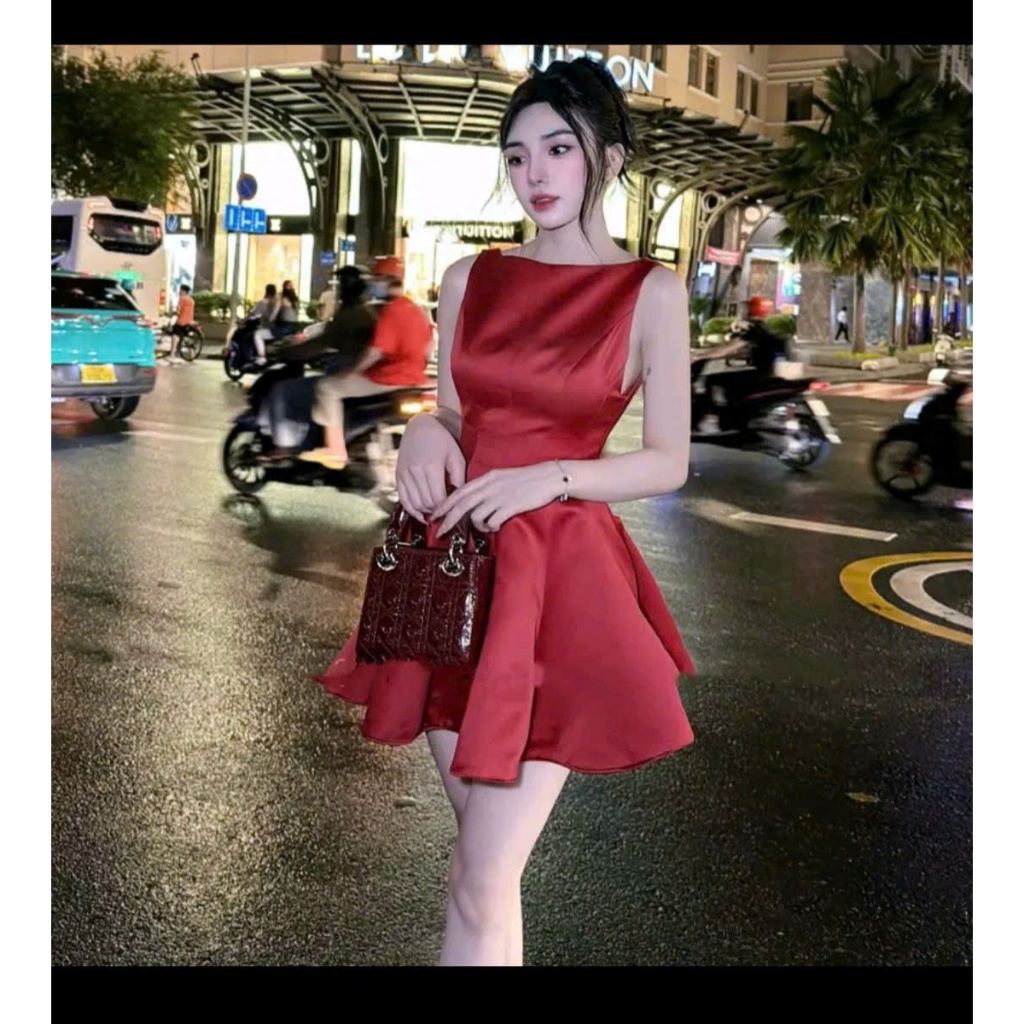 Đầm nữ kaki rubi dáng xòe sát nách sang trọng, tôn eo, mặc tiệc dạo phố cực xinh