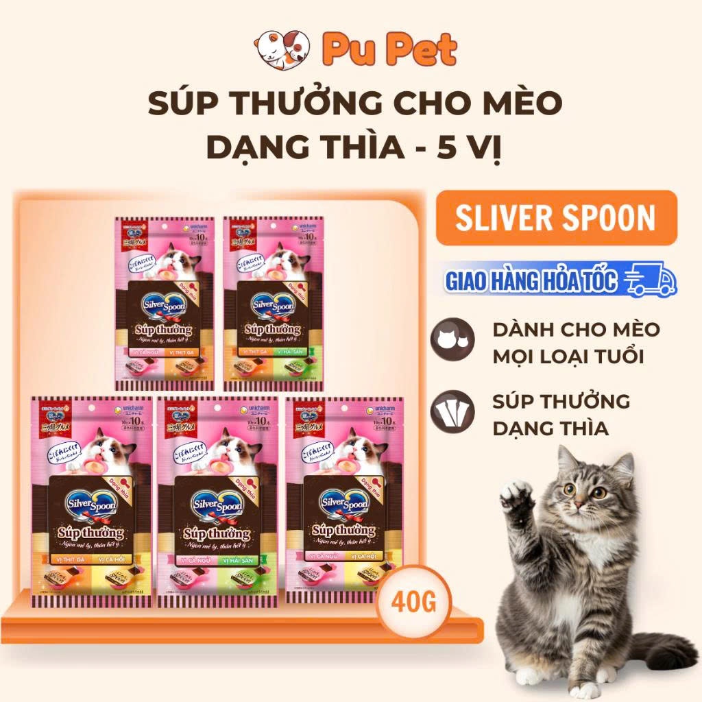 Combo 24 Gói Súp Thưởng Mèo SilverSpoon Dạng Thìa Vị Cá Ngừ/Vị Cá Ngừ Vằn/Vị Thịt Gà/ Hải Sản/Cá Hồi