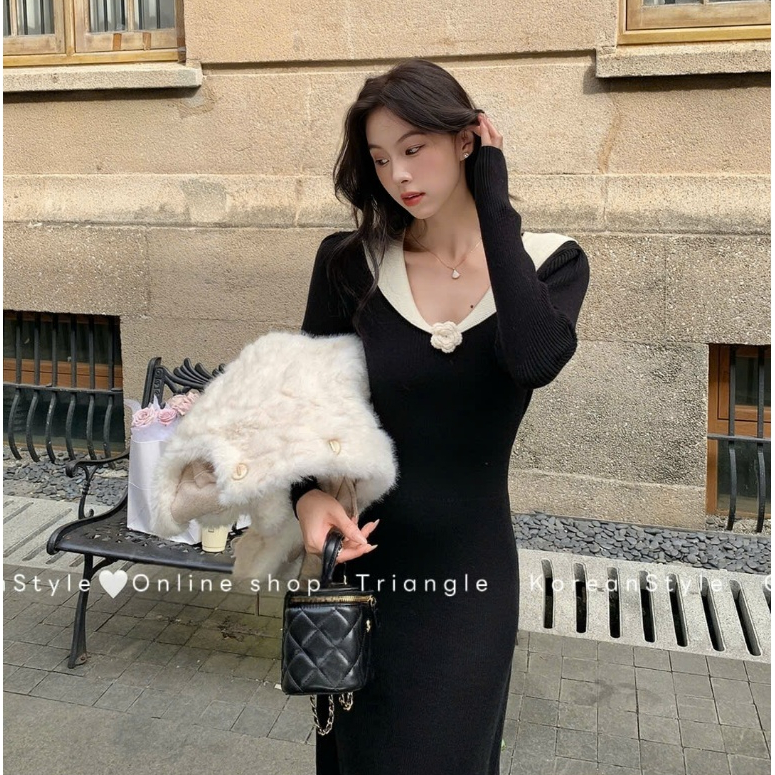 TRIANGLE - Lady knitted dress (Cân nhắc kỹ, returned is not welcomed) - Đầm len phối hoa phong cách Hàn Quốc cao cấp