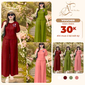 Bộ Thô Đũi Trung Niên Nữ Áo Cổ Tròn Tay Phồng Phối Quần Suông Ống Rộng – Set Thô Đũi Mềm Thoải Mái Thanh Lịch (AT18)