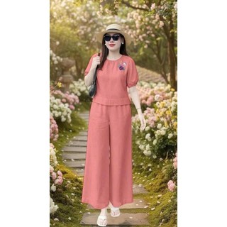 Bộ Thô Đũi Trung Niên Nữ Áo Cổ Tròn Tay Phồng Phối Quần Suông Ống Rộng – Set Thô Đũi Mềm Thoải Mái Thanh Lịch (AT18)