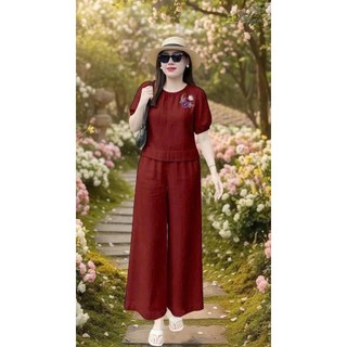 Bộ Thô Đũi Trung Niên Nữ Áo Cổ Tròn Tay Phồng Phối Quần Suông Ống Rộng – Set Thô Đũi Mềm Thoải Mái Thanh Lịch (AT18)