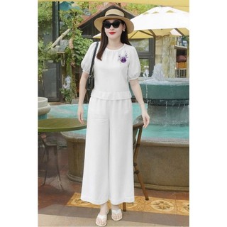 Bộ Thô Đũi Trung Niên Nữ Áo Cổ Tròn Tay Phồng Phối Quần Suông Ống Rộng – Set Thô Đũi Mềm Thoải Mái Thanh Lịch (AT18)