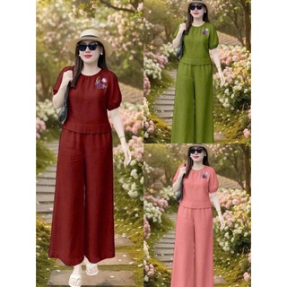Bộ Thô Đũi Trung Niên Nữ Áo Cổ Tròn Tay Phồng Phối Quần Suông Ống Rộng – Set Thô Đũi Mềm Thoải Mái Thanh Lịch (AT18)