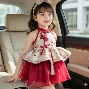 Váy Tết Công Chúa Cho Bé Gái LANVY. Thiết Kế Cổ Yếm, Chất Gấm Hoa Thêu, Cho Bé Mặc Noel,Tết, Kèm Phụ Kiện