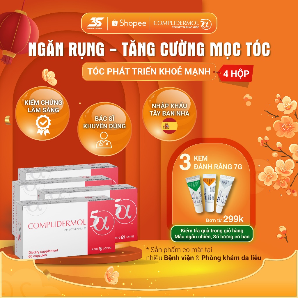 [SALE DATE NGẮN - 4 HỘP] Viên Uống Mọc Tóc Complidermol 5α -  Ngăn rụng tóc nội tiết, kích thích mọc tóc, Hộp 60 Viên