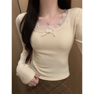 Áo Thun Nữ Cổ Thấp Phối Ren, Dáng Ngắn, Chiết Eo, Mặc Thu Đông, Màu Kemjin
