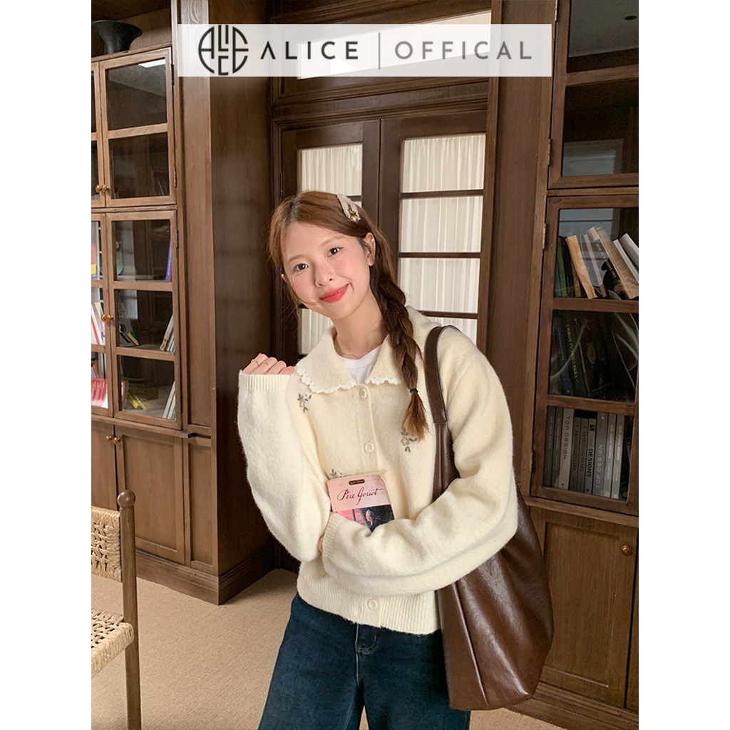 Áo Len Dệt Kim Cao Cấp Alice, Họa Tiết Hoa Nổi Cổ Bẻ Dáng Rộng Phong Cách Hàn Quốc A1033