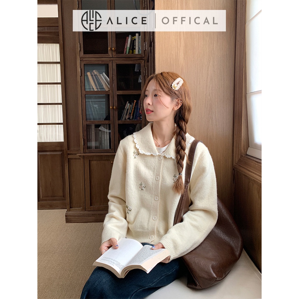 Áo Len Dệt Kim Cao Cấp Alice, Họa Tiết Hoa Nổi Cổ Bẻ Dáng Rộng Phong Cách Hàn Quốc A1033