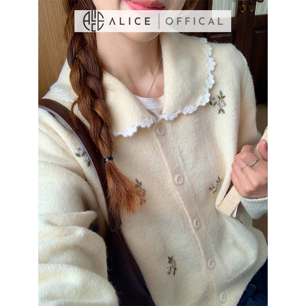 Áo Len Dệt Kim Cao Cấp Alice, Họa Tiết Hoa Nổi Cổ Bẻ Dáng Rộng Phong Cách Hàn Quốc A1033