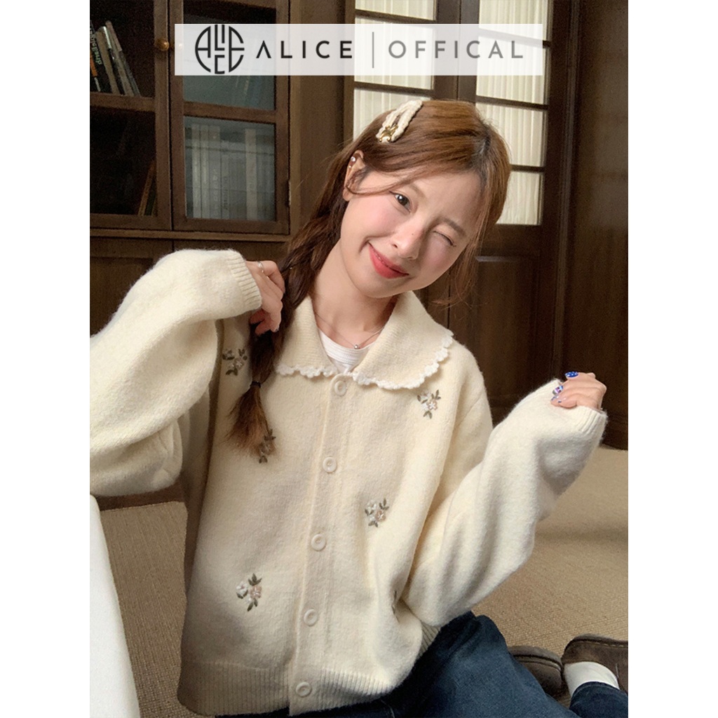 Áo Len Dệt Kim Cao Cấp Alice, Họa Tiết Hoa Nổi Cổ Bẻ Dáng Rộng Phong Cách Hàn Quốc A1033
