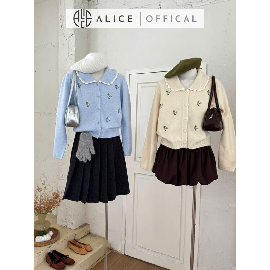 Áo Len Dệt Kim Cao Cấp Alice, Họa Tiết Hoa Nổi Cổ Bẻ Dáng Rộng Phong Cách Hàn Quốc A1033