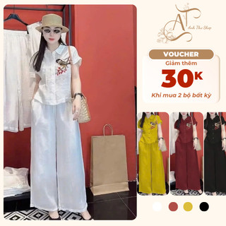 Bộ Thô Đũi Họa Tiết Chim Sẻ – Áo Ngắn Tay Quần Suông Thoải Mái, Phong Cách Hàn Quốc - Anh Thư Shop (AT05)
