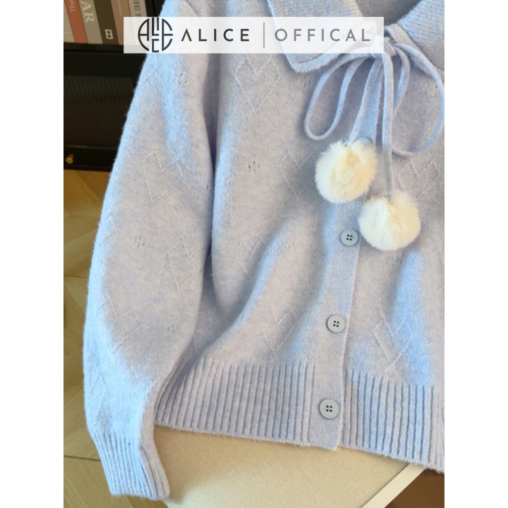 Áo Len Dệt Kim Cao Cấp Alice Dáng Ngắn Cổ Bẻ Phối Dây Nơ Buộc, Bo Gấu Áo Nữ Tính, Tay Dài Bồng A1034