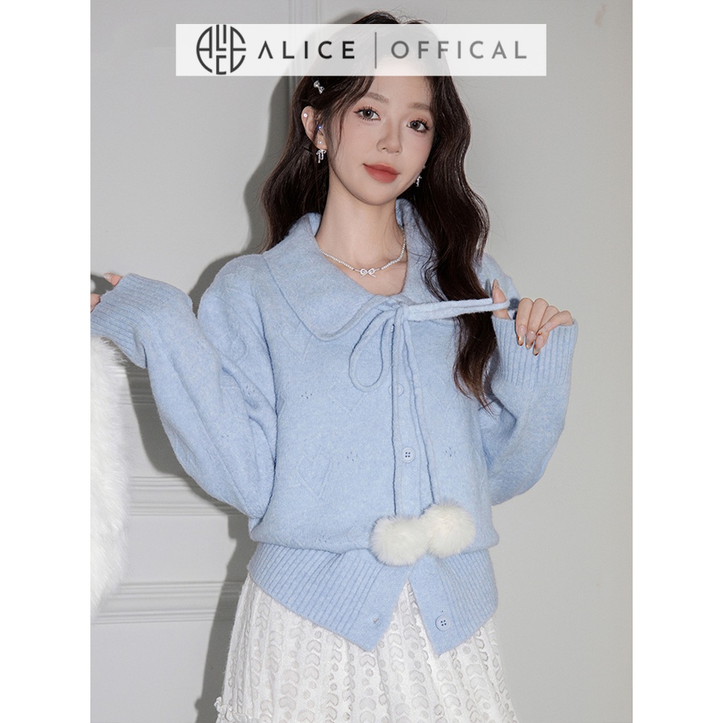 Áo Len Dệt Kim Cao Cấp Alice Dáng Ngắn Cổ Bẻ Phối Dây Nơ Buộc, Bo Gấu Áo Nữ Tính, Tay Dài Bồng A1034