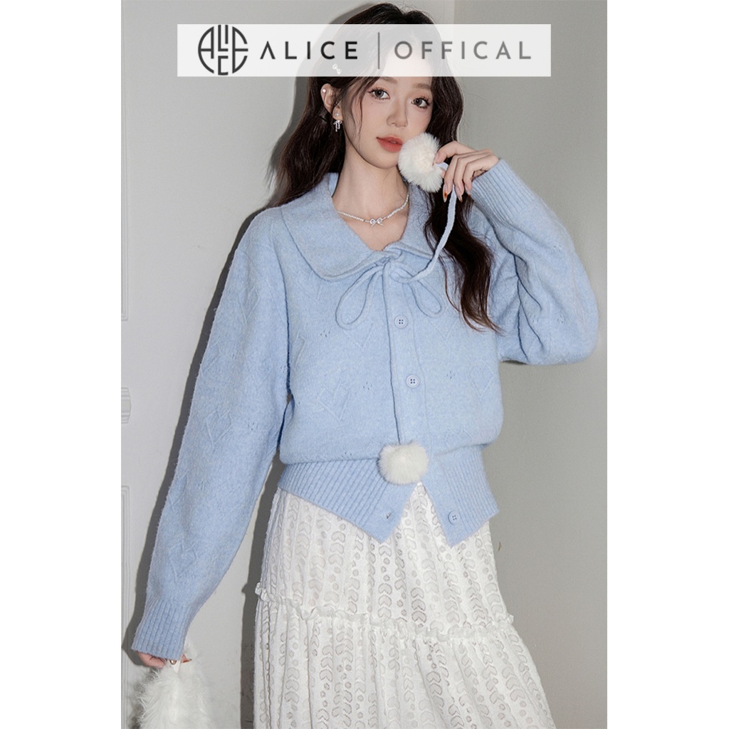 Áo Len Dệt Kim Cao Cấp Alice Dáng Ngắn Cổ Bẻ Phối Dây Nơ Buộc, Bo Gấu Áo Nữ Tính, Tay Dài Bồng A1034