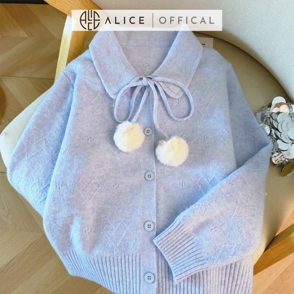 Áo Len Dệt Kim Cao Cấp Alice Dáng Ngắn Cổ Bẻ Phối Dây Nơ Buộc, Bo Gấu Áo Nữ Tính, Tay Dài Bồng A1034