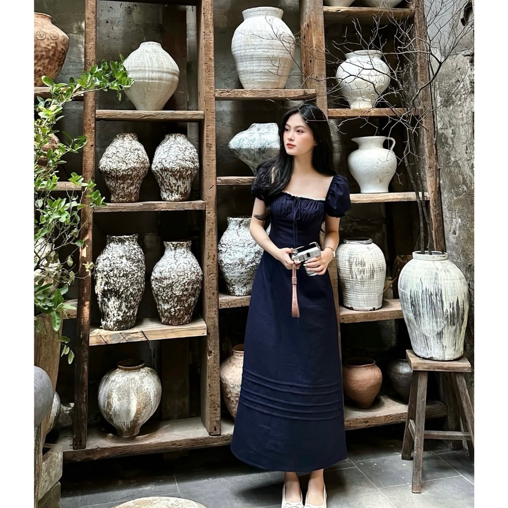𝗦𝗶𝗹𝗮𝘀 - Đầm llinen xếp li ngực tay phồng