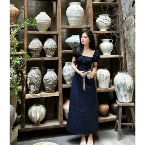 𝗦𝗶𝗹𝗮𝘀 - Đầm llinen xếp li ngực tay phồng