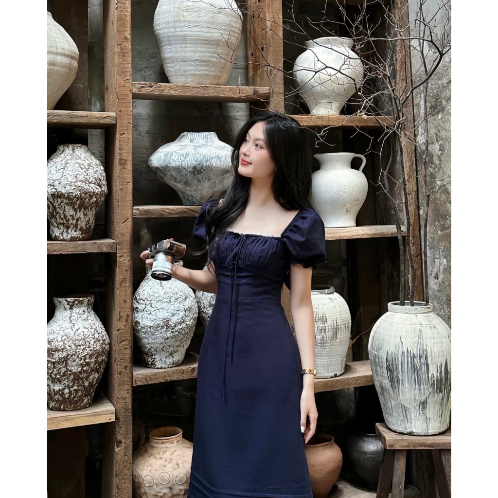 𝗦𝗶𝗹𝗮𝘀 - Đầm llinen xếp li ngực tay phồng