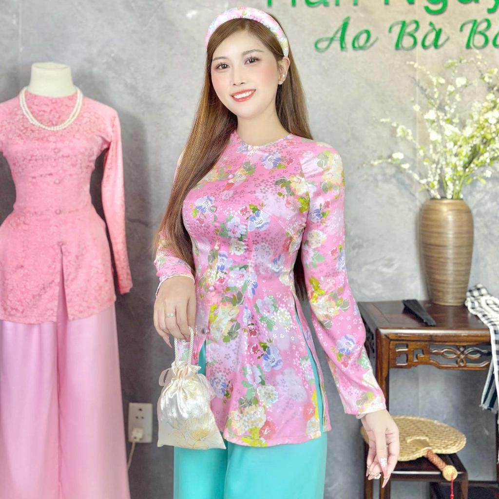 B.A160 - ( FORM DÁNG DÀI ) Áo Bà Ba Hoa Xinh Cổ Tròn Dây Kéo ( QUẦN NGỌC TRAI )