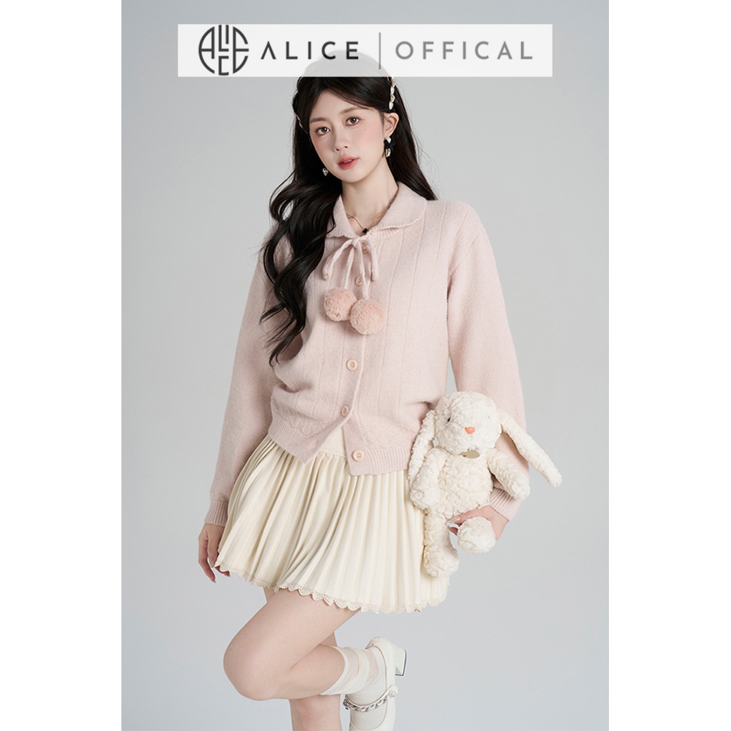 Áo Len Dệt Kim Cao Cấp Alice, Thiết Kế Cổ Bẻ Phối Dây Nơ Nữ Tính, Áo Bo Gấu Tay Dài Bồng A1035