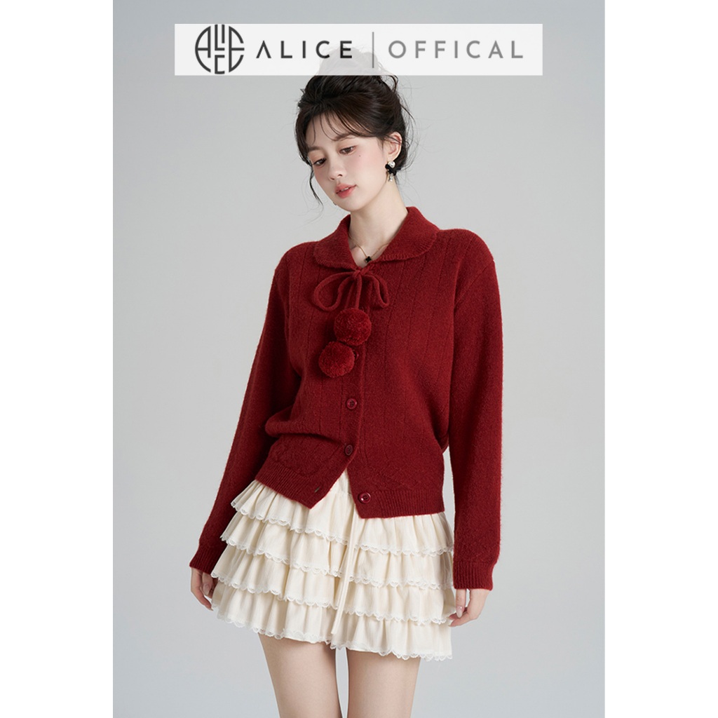 Áo Len Dệt Kim Cao Cấp Alice, Thiết Kế Cổ Bẻ Phối Dây Nơ Nữ Tính, Áo Bo Gấu Tay Dài Bồng A1035